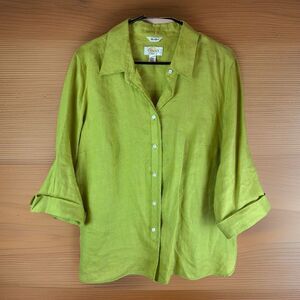 Talbots Woman Irish Linen Blouse Button Up Lime Green 3/4 Sleeve Size 12W